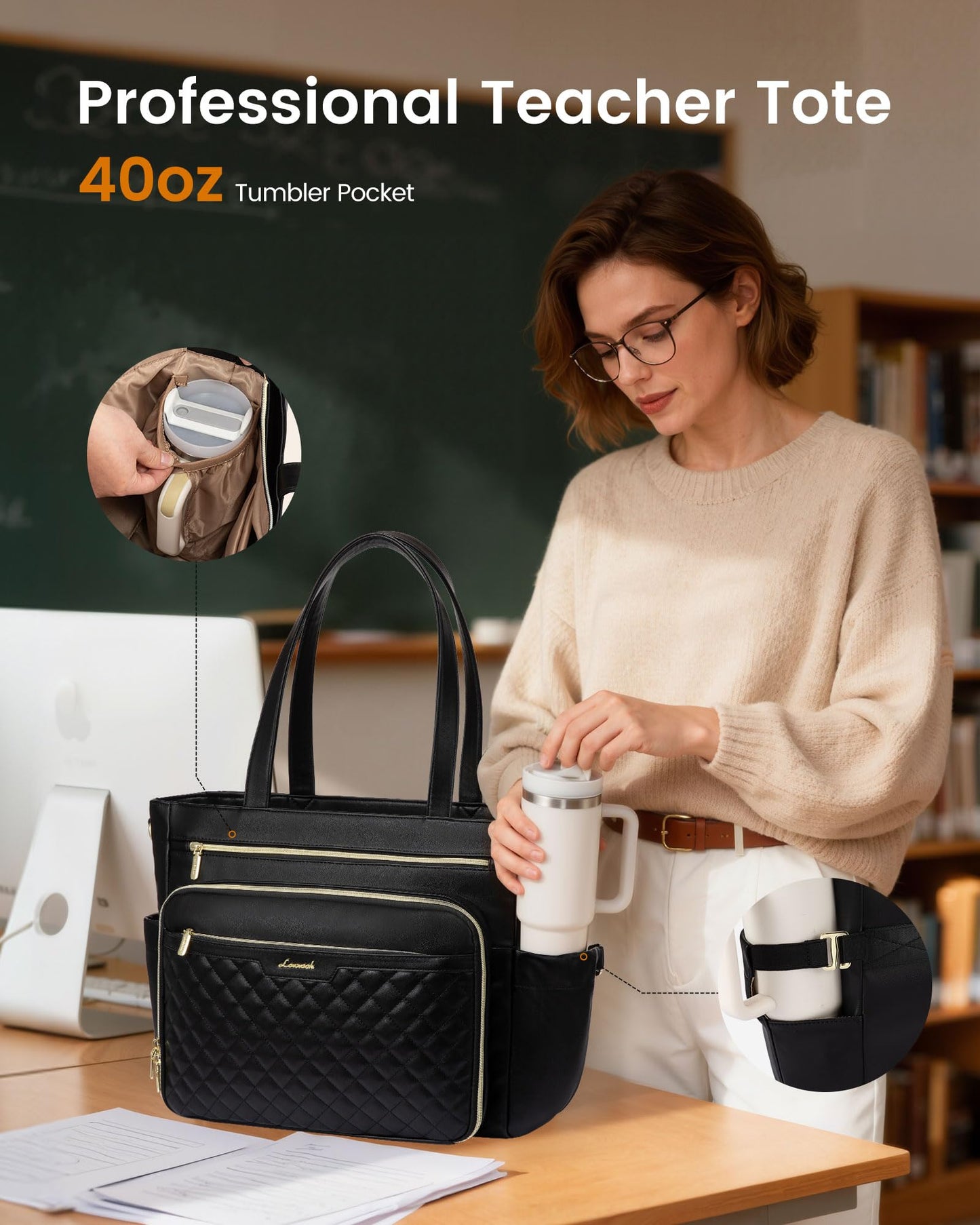 Teacher Tote Bag with Accordion File Pocket