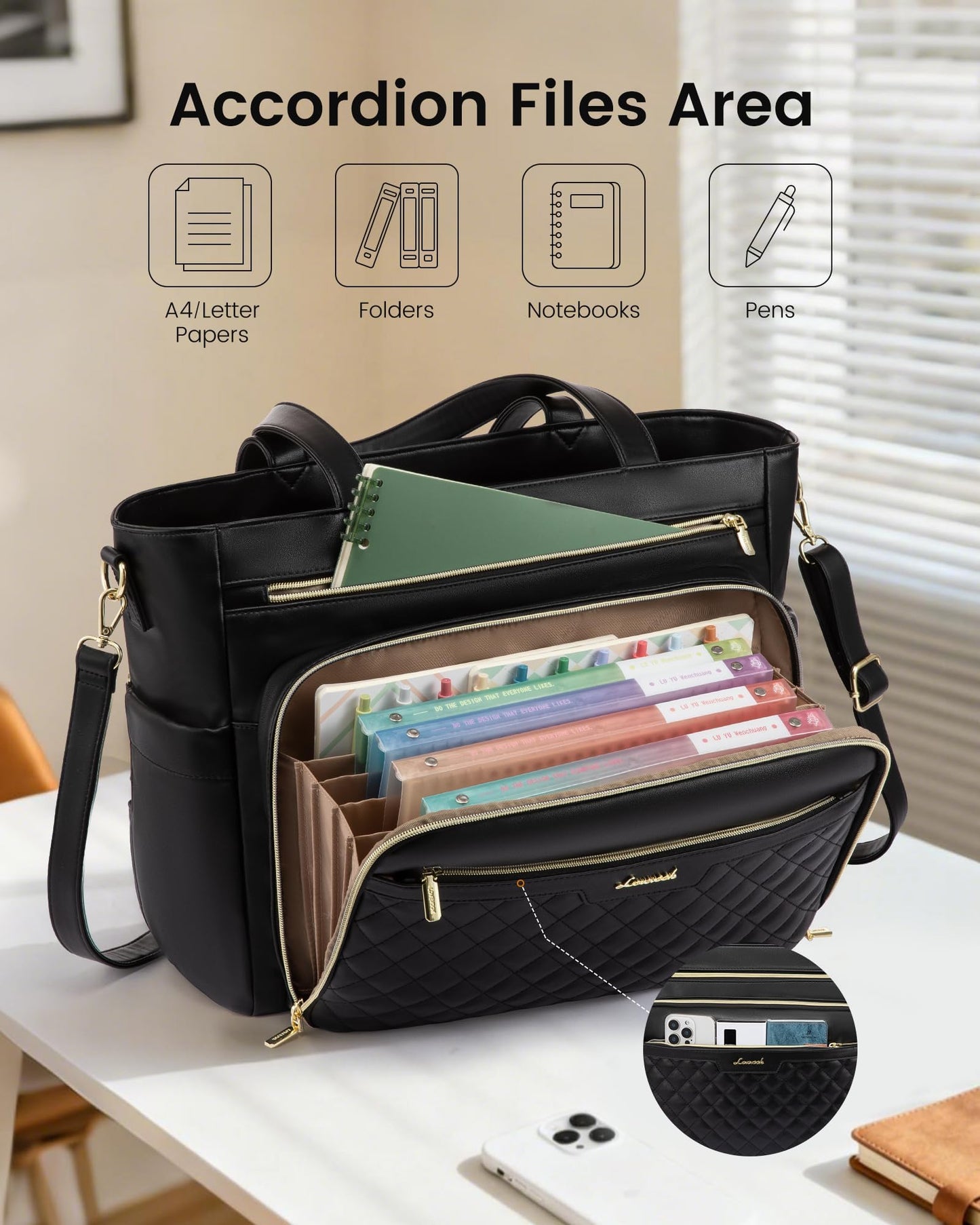 Teacher Tote Bag with Accordion File Pocket