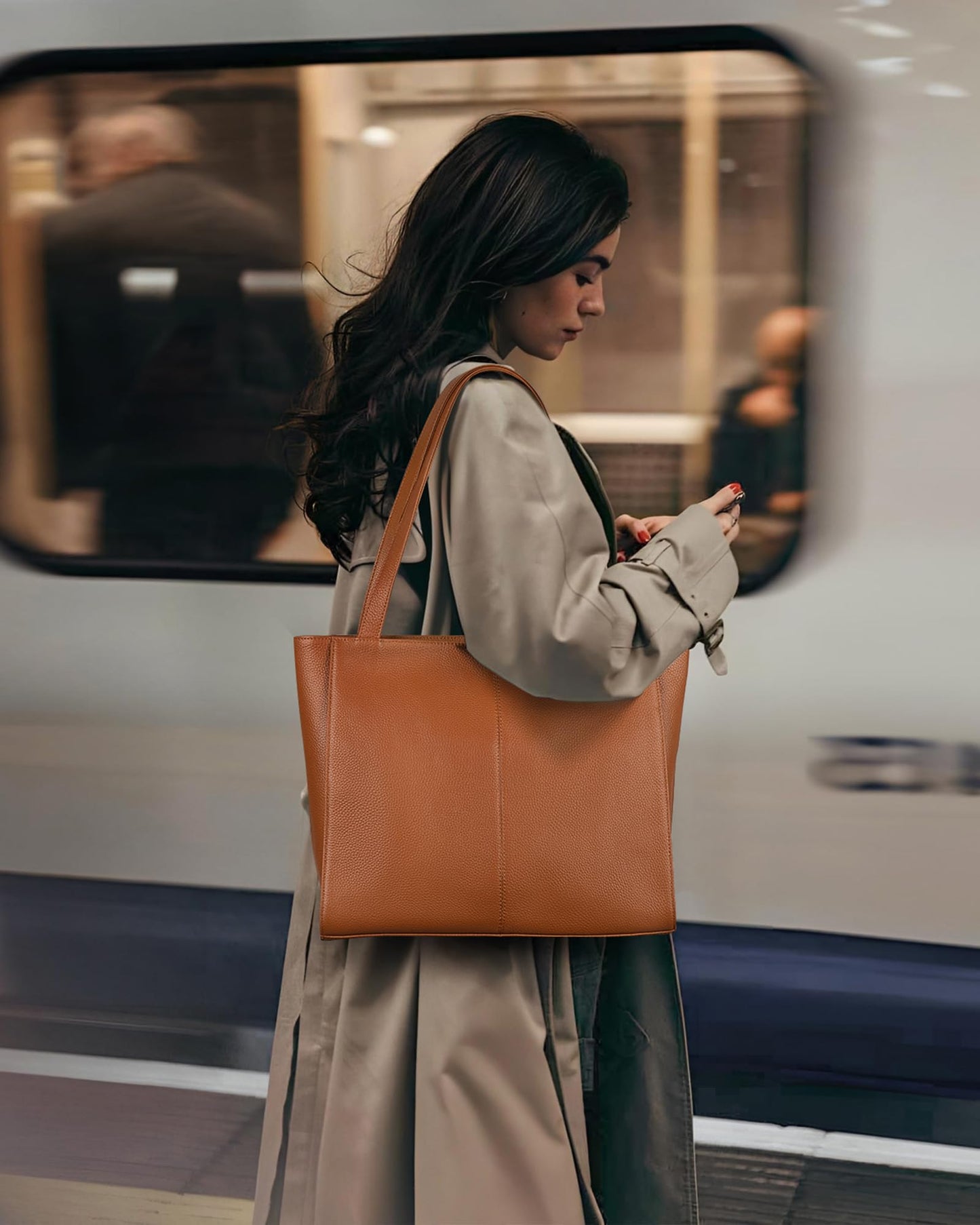 Genuine Leather Zipper Tote Bag